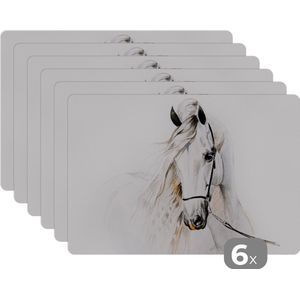 Placemat - Placemats kunststof - 45x30 cm - Paard - Waterverf - Dieren - Wit - 6 stuks - Borden onderleggers antislip - Tafel decoratie - Luxe tafelversiering - Tafelmat vinyl - Bord onderlegger - Tafeldecoratie accessoires