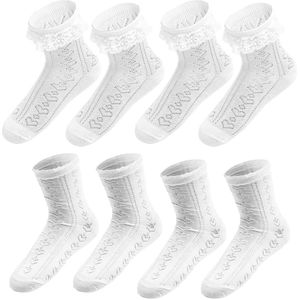 4 paar dames ruches klederdrachtsokken witte ruches dirndl-sokken dames klederdrachtkousen ruches sokken meisjes witte ruches sokken kanten sokken, wit, 12 Jaar