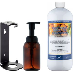 Zeepdispenser 300 ml amber bruin hervulbaar + 1 liter Showergel Green Tea & Mandarin navulling (inclusief beugel)