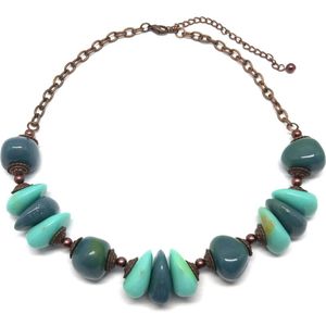 Behave Ketting - kralenketting - dames - brons kleur - blauw - turquoise kralen - 40 cm