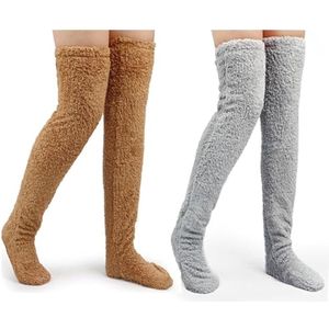 Pluche overknee-sokken voor dames, boven de knie, pluizige pluche sokken, warme kniekousen, pantoffelkousen, knuffelsokken, wintersokken voor vrouwen, winter, huisbont, lange beenwarmers - bruin en lichtgrijs