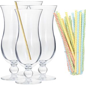 Cocktail glazen - 4 stuks - 440 ml - incl. 25x duurzame rietjes - met sterren