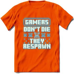 Gamers don't die pixel T-shirt | Neon Blauw | Gaming kleding | Grappig game verjaardag cadeau shirt Heren – Dames – Unisex | - Oranje - 3XL