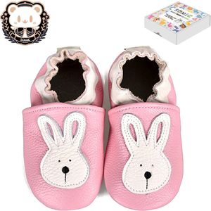 Somic Babyschoenen Jongens Leer - Baby Schoenen Meisjes Zachte Zool - Babyschoentjes Meisje Flexibele Zool - Antislip Eerste Loopschoentjes -Zachte Leren - maat S – 0-6 maanden - 11 cm - Roze Konijn