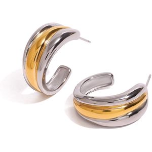 Lâhza Jewelry - Bicolor Oorringen - Goud en Zilver - Stalen Hoop Oorbellen - Modern Design - Unisex"" RVS