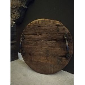 dienblad rond 26 cm doorsnee robuust verweerd hout met metalen handvaten