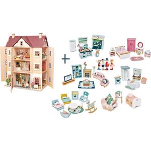 [G] Tender Leaf uniek houten poppenhuis Hall Fantail XXL 3 verdiepingen inclusief houten poppen familie woonkamer en keuken/slaapkamer/badkamer, kinderkamer en babykamer meubels plus babypop - 40 x 72 x 90 cm cm