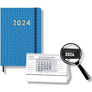 MGPcards - Agenda 2024 - A5 (21,5x15,5 cm) - Foliedruk - Week op 2 pagina's - Ruime Vakken - Blauw Honingraat + Burokalender Zwart