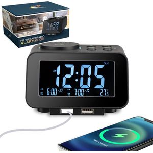 Wekker en Wekkerradio in 1 - Klok - Digitale wekker - Twee Usb Poorten - Eenvoudige Bediening - Display 100 % naar wens Dimbaar