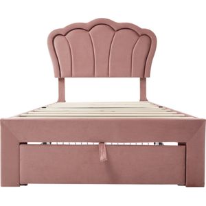 Gotagee Kinderbed 90x200cm eenpersoonsbed (zonder matras) met laden gestoffeerd bed APP-Control LED bedframe lattenbodem en verstelbaar hoofdeinde bedframe jeugdbed fluweel roze
