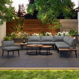 Tuinloungeset voor 5-6 personen, tuinmeubelen, eetset voor terras, balkon, tuin, binnen, buiten, gegalvaniseerd ijzeren frame, 6-delige eetset (2x 2-zitsbank, 2x losse fauteuils, 2x tafel)