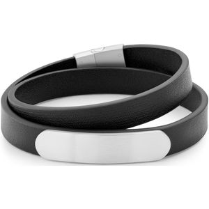 Nomen | Zilverkleurige en Zwarte Leren ID-wikkelarmband