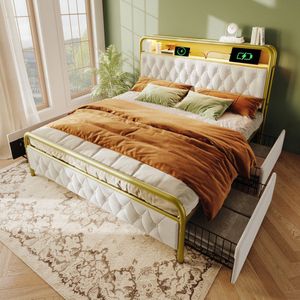 Sweiko Zacht Kussenbed met Oplaadfunctie USB Type-C APP controle LED bedframe metalen bed 160 × 200cm bedframe en 2 lades, Fluweel, Wit (Geen matras)