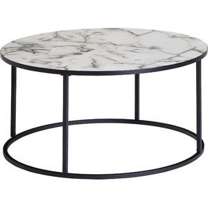 Salontafel - Marmerlook Wit - MDF Tafelblad - Zwart Metalen Onderstel