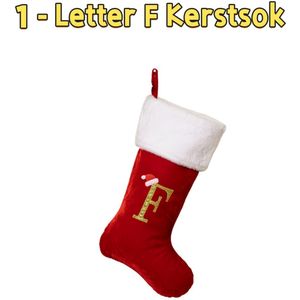 1 - Kerstsok met letter F - voor kerstboommantel - goudkleurig fluweel - rood