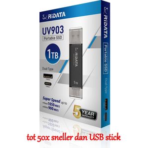 RiData Portable SSD-Dual 1TB Zwart - tot 50x sneller dan gewone USB stick - lees-/schrijfsnelheden tot 1.050 MB/s - USB 3.2 Gen 2 OTG USB C & USB A
