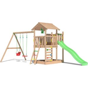 Jungle Gym speeltoestel van douglas hout - Jungle Arbour met groene glijbaan - Tuin speeltoestel voor buiten met zandbak en schommels