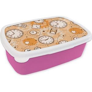 Broodtrommel Roze - Lunchbox - Brooddoos - Patronen - Klok - Zandloper - 18x12x6 cm - Kinderen - Meisje