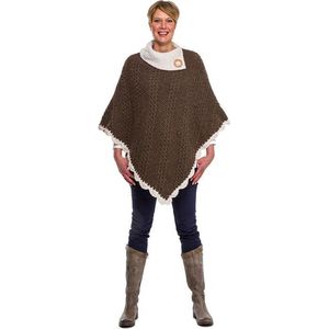 Poncho - dames - winter- wol - katoen - bruin - ecru - maat L