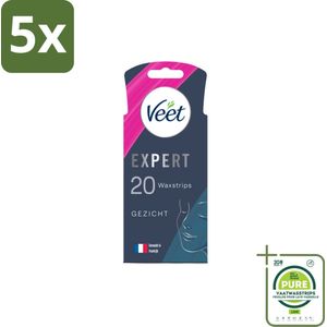 5 x Veet Expert - Ontharingsstrips - Gezicht - Gevoelige Huid - 20 strips - Grootverpakking - Ontharingsstrips Gezicht - Ontharen Gezicht - Ontharingsstrips Gevoelige Huid - Gladde Huid - Haargroei Verminderen