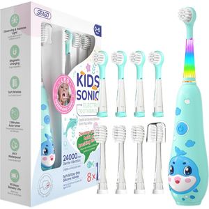 SEAGO elektrische tandenborstel kind met LED-verlichting Magnetische Oplaadfunctie - Blauw - 8 Vervangbare Borstels - 2-Minuten Timer - Geschikt voor Peuters 0-6 Jaar