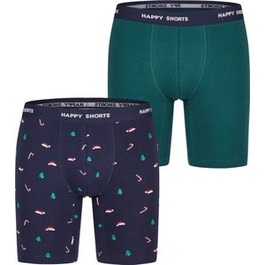 Happy Shorts Kerst Boxershorts Heren Met Lange Pijpen Boxer Briefs 2-Pack Groen/Blauw - Maat M