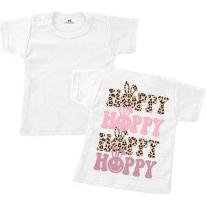 T-shirt kind - happy met konijnen oortjes - tijgerprint roze - Maat 92