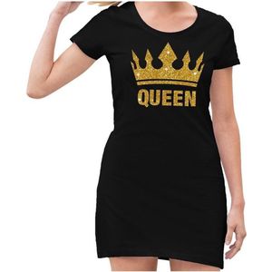 Zwart  jurkje met goud glitter Queen en kroon - jurkje dames - Zwart Koningsdag kleding M