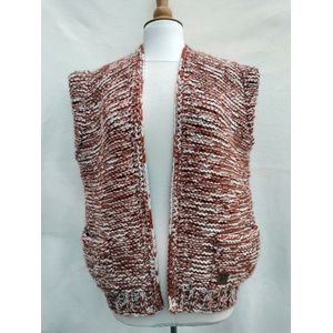 Handgebreide bodywarmer met zakken / vest mouwloos in baksteenrood met wit gemeleerd