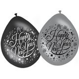 Happy New Year ballonnen zwart/zilver 8 stuks