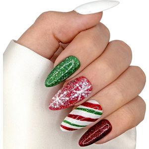 SD Press on Nails - No. 30 Candy Cane - Plaknagels met nagellijm - Lang Stiletto - Rood Groen Wit - Set 20 Nagels - Handmade - Lange Nageltips - Kunstnagels - Nail Art - Kerstnagels - Accessoires Feestdagen