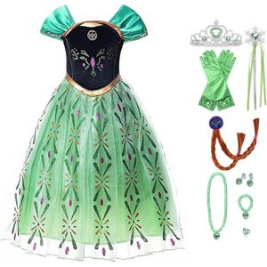 Prinsessenjurk meisje - Anna groene verkleedjurk - Het Betere Merk -Prinsessen speelgoed - maat 134/140 - Verkleedkleren Meisje- Tiara - Kroon - Juwelen - Lange Handschoenen - Verjaardag meisje - Carnavalskleren meisje - Kleed