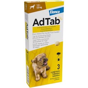 AdTab Teken en Vlooien Tabletten Hond - Voor Vlooien en Teken Hond - 1.3kg tot 2.5kg - 30 dagen bescherming per tablet - 56mg - 2 x 3 tabletten = 6 maanden beschermd