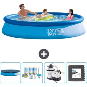 Intex Rond Opblaasbaar Easy Set Zwembad - 366 x 76 cm - Blauw - Inclusief Afdekzeil - Onderhoudspakket - Zwembadfilterpomp - Vloertegels