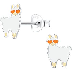 Joy|S - Zilveren Alpaca Lama oorbellen - 6 x 8 mm - wit met oranje hartjes bril