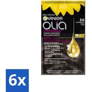 6 x Garnier - Olia 3 - Haarkleuring - Donkerbruin - Zonder Ammoniak - Intense Langhoudende Kleur - 100% Grijsdekking - Permanente Haarkleuring - Haarkleur - Haarkleuring Zonder Ammoniak - Donkere Haarkleur - Grijsdekking