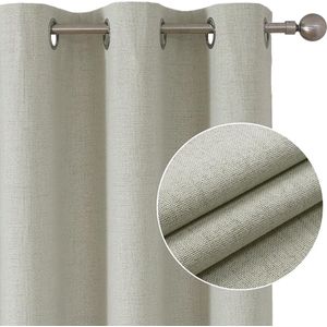 PolkaHome 100% ondoorzichtige gordijnen met inslagringen, linnenlook, 2 stuks, verduisteringsgordijn, linnen, thermogordijn, hittebescherming, warmte-isolerende coating, ruglaag voor slaapkamer en