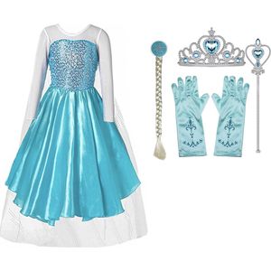 Elsa jurk - blauwe prinsessenjurk meisje - carnavalskleding kinderen - Prinsessen speelgoed - Verkleedkleren - Het Betere Merk - 110 (120) - Kroon - Handschoenen - Vlecht - Toverstaf