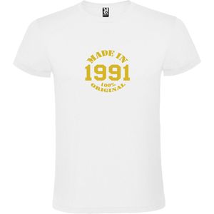 Wit T-Shirt met “Made in 1991 / 100% Original “ Afbeelding Goud Size XS