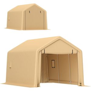 Carport – Buitenoverkapping – Garage – Autohoes – Schuur – Waterdicht PE Doek – Stevig Stalen Frame – Geel – 300x520x275 cm – Rolbare Afsluitbare Deur