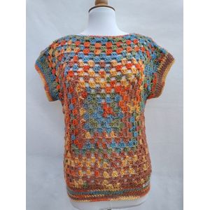 Handgemaakte trui spencer korte mouw gehaakt in geel, groen, blauw, oranje, bruin met glinsterdraad Maat M