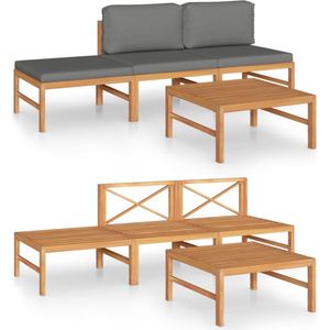 vidaXL 4-delige Loungeset met grijze kussens Tuinstoel - Teak Tuinmeubles - Lounge Set - Buis Stoel - Outdoor Furniture