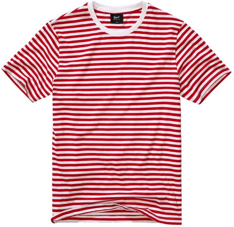 Brandit - Shirt - Knalrood/Wit - Jersey - Ronde Hals, Gestreept, Kwartmouw