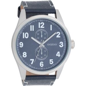 OOZOO Timepieces - Zilverkleurige horloge met donker blauwe leren band - C8222
