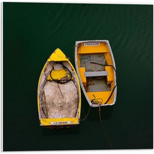PVC Schuimplaat - Twee Houten Gele Bootjes Dobberend bij Rode Boei - 50x50 cm Foto op PVC Schuimplaat (Met Ophangsysteem)
