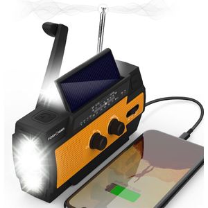 Draagbare noodradio - 4000mAh Weerradio (modèle A3) Zonnesolar/handkraan/pillen, AM/FM, LED zaklamp, SOS-alarm, telefoonlader, Geschikt voor wandelen en buiten (Oranje)