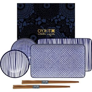 Sushi Set blauw-wit 6 stuks 2x sushi borden 2x sauskommen 2x eetstokjes Aziatisch porselein Japans design incl. geschenkverpakking
