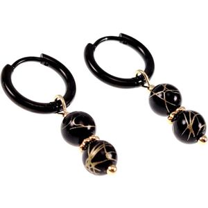 ∅14mm Oorbellen Dames - Zwarte PVD Coating RVS - Oorringen met Agaatkralen Hanger