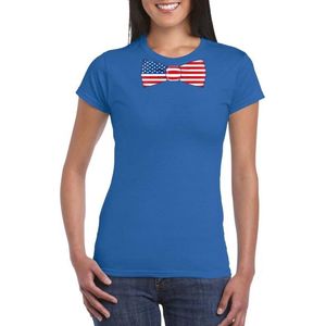 Blauw t-shirt met Amerikaanse vlag strikje / vlinderdas dames - Amerika supporter L