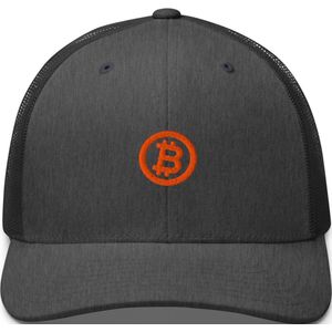 Bitcoin Circle - Retro Trucker Petje - Bitcoin Petje - Oranje Geborduurd - Kleur Donker Grijs| Bitcoin cadeau| Bitcoin Cap| Bitcoin Pet| Bitcoin Merchandise| Bitcoin Kleding